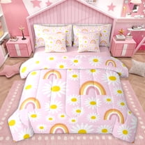 Homewish Kawaii Floral Daisy 7-Piece Twin Bedding Sets For Preppy Children Kids,Cartoon Gradient Rainbow Bedding Comforter Set,Dreamy Princess Breathable Sheet Sets,Ultra Soft Home Decor,Reversible