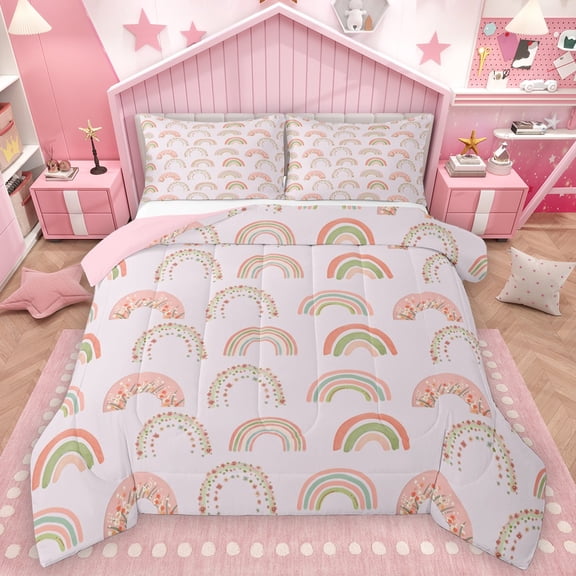 Homewish Kawaii Floral Rainbow 2pcs Bedding Comforter Set For Preppy Children Kids,Cartoon Gradient Twin Comforter Sets,Dreamy Princess Breathable Bedding Set,Ultra Soft Home Decor,Reversible
