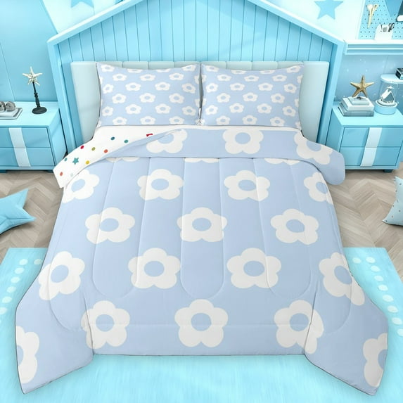 Homewish Kawaii Flower 3 Pieces Queen Comforter Set for Teens Boys Girls,Dreamy Princess Ultra Soft Bedding Sets,Retro Floral Blossoms Bedding Comforter Set Breathable,Ultra Soft Home Decor