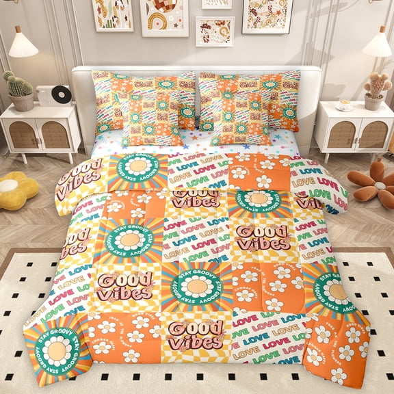 Homewish Kawaii Flower Daisy 7-Piece Twin Bedding Sets,Cartoon Fairy Tale Bedding Comforter Set,Orange Yellow Cyan Sheet Sets For Girls,Breathable Home Decor Reversible