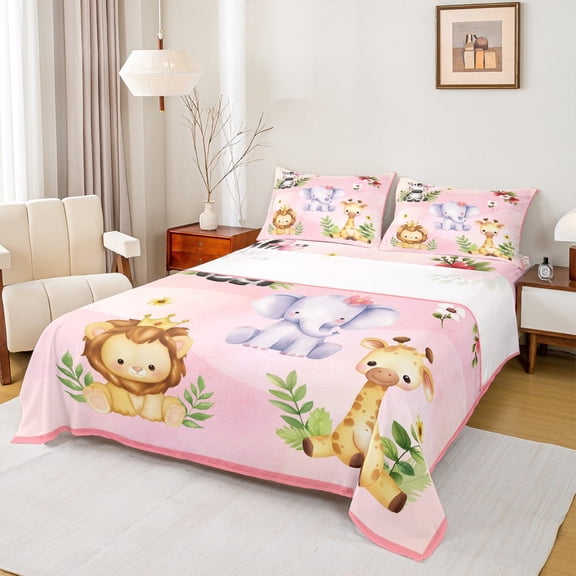 Homewish Kawaii Flower Elephant Bed Sheets, Cute Lion Giraffe Zebra King Sheets, Cartoon Zoo Animal Sheet Set, Lightweight Room Decor, 4 Pieces