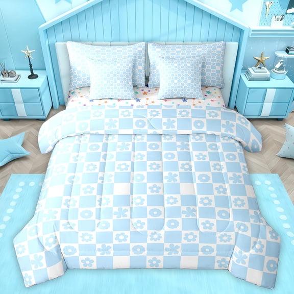 Homewish Kawaii Flower Floral 7-Piece Twin Bedding Sets,Classic Minimalist Plaid Bedding Comforter Set,Blue Geometric Buffalo Sheet Sets For Girls Teens,Breathable Home Decor Reversible