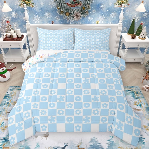 Homewish Kawaii Flower Floral Bedding Comforter Set,Classic Minimalist Plaid Twin Comforter Sets,Blue Geometric Buffalo Bedding Set For Girls Teens,Breathable Home Decor Reversible,2pcs