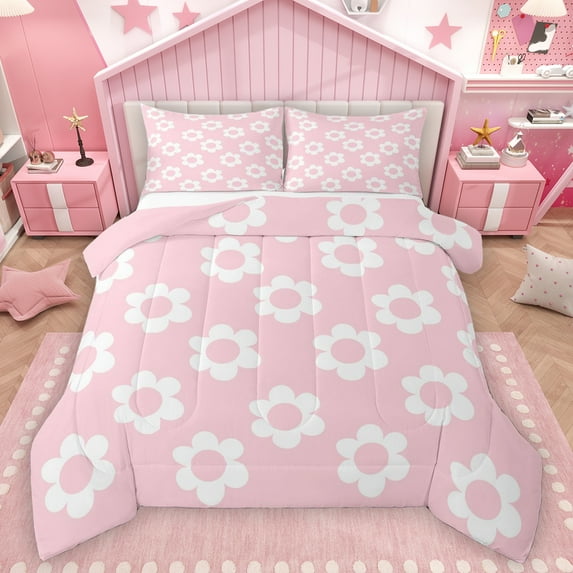 Homewish Kawaii Flower Full Size Comforter Sets,Cute Cartoon Floral Bedding Comforter Set,Pink White Bedding Sets For Teens,Luxury Bedroom Decor Reversible,3pcs