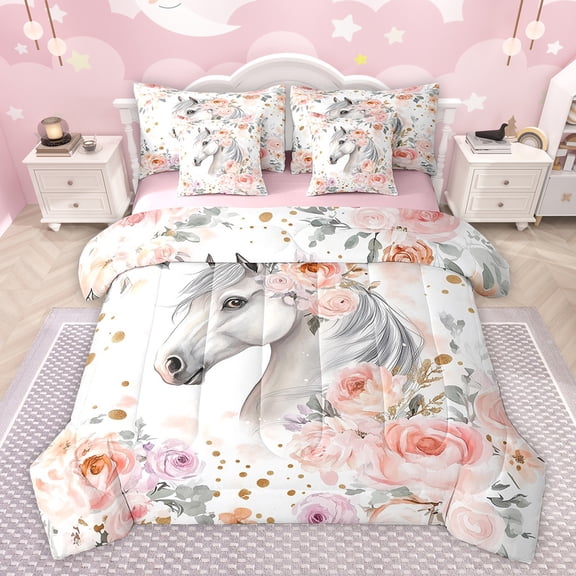 Homewish Kawaii Flower Horse Bedding Comforter Set 7pcs, Watercolor Rose Floral King Bedding Sets, Modern Fashion Reversible Bed Sheets, Microfiber Bedroom Decor