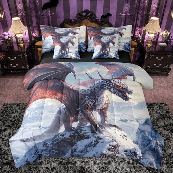 Homewish Kawaii Flying Dragon Bedding Comforter Set 7 Pieces for Kids, Gothic Cartoon Animal Full Bedding Set, Winter Snow Mountain Reversible Fitted Sheet Flat Sheet, Super Cozy Room Decor