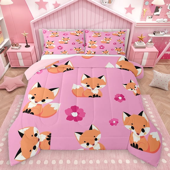 Homewish Kawaii Fox Lover Queen Comforter Set for Kids, Pink Blossoms Flower Floral Bedding Sets, Cute Cartoon Animal Reversible Bedding Comforter Set, Luxury Bedroom Decor, 3-Piece