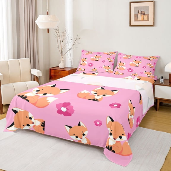 Homewish Kawaii Fox Lover Twin Sheet Sets for Kids, Pink Blossoms Flower Floral Twin Fitted Sheet, Cute Cartoon Animal Flat Sheet, Luxury Bedroom Decor, 3-Piece