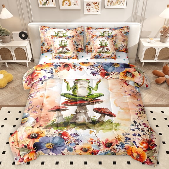 Homewish Kawaii Frog Animal Bedding Comforter Set 7pcs for Teens, Rustic Groovy Floral Queen Bedding Sets, Jungle Mushroom Reversible Queen Sheet Sets, Luxury Bedroom Decor