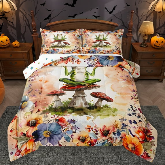 Homewish Kawaii Frog Animal Bedding Comforter Set for Teens, Rustic Groovy Floral Twin Comforter Sets, Jungle Mushroom Reversible Bedding Set, Luxury Bedroom Decor, 2-Piece