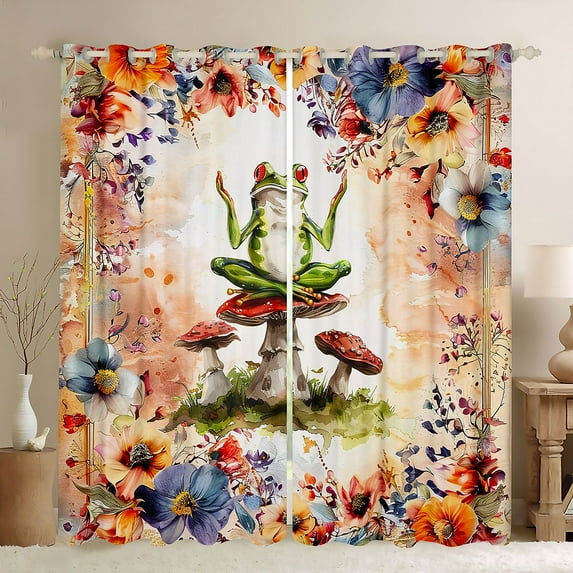 Homewish Kawaii Frog Animal Black Out Curtains for Teens, Rustic Groovy Floral Curtains Pack of 2 (42x63 Each), Jungle Mushroom Bedroom Curtains, Curtains and Drapes Decor