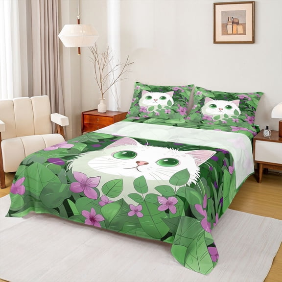 Homewish Kawaii Garden Cat Bed Sheets, Cartoon Kitten Animal King Sheets, Green Leaf Plant Sheet Set, Super Cozy Room Decor, 4pcs