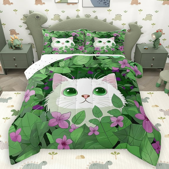 Homewish Kawaii Garden Cat Queen Comforter Set, Cartoon Kitten Animal Bedding Sets, Green Leaf Plant Reversible Bedding Comforter Set, Super Cozy Room Decor, 3pcs