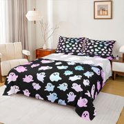 Homewish Kawaii Ghost Bed Sheets, Happy Halloween Theme Full Size Sheets, 4 Pieces, 1 Flat Sheet, 1 Fitted Sheet and 2 Pillowcases
