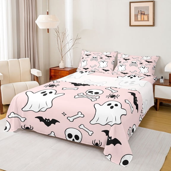 Homewish Kawaii Ghost Skull Bed Sheets for Girls, Pink Halloween Bat Spooky Full Size Sheets, 4pcs, 1 Flat Sheet, 1 Fitted Sheet and 2 Pillowcases