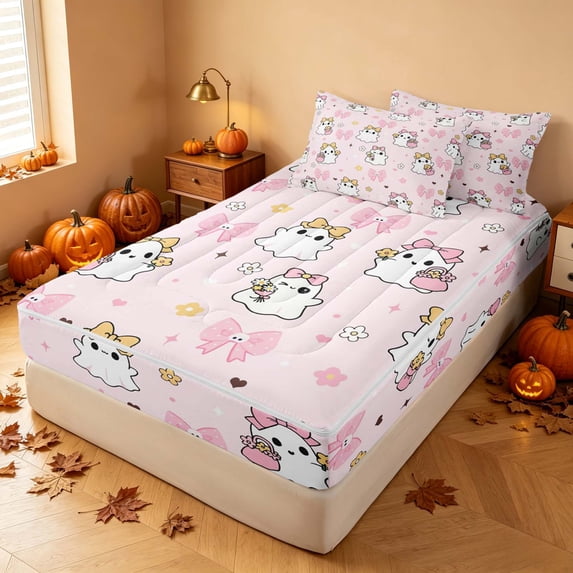 Homewish Kawaii Ghost Zipper Queen Comforter Set with Fitted Sheet and 2 Pillowcases for Girls, Bowknot Flower Zipper Bedding Set, Light Pink White, Pink Reversible