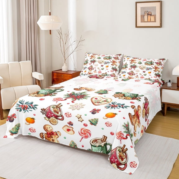 Homewish Kawaii Gingerbread Man 4-Piece Full Size Sheets For Children Teens Adults,Happy Christmas Xmas Bed Sheets,Colorful Candy Cane Lightweight Sheet Sets,Super Cozy Room Decor