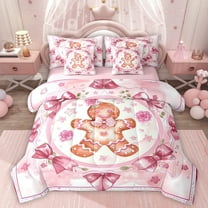 Homewish Kawaii Gingerbread Man 7-Piece Twin Bedding Sets,Cute Bowtie Ribbon Bedding Comforter Set, Merry Xmas Christmas Sheet Sets For Girl Kids,Microfiber Bedroom Decor Reversible