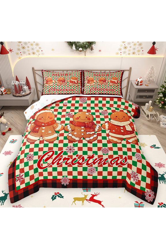 Kawaii Gingerbread Man Bedding Comforter Set, Retro Western Buffalo Twin Comforter Sets, Merry Christmas Reversible Bedding Set, Breathable Home Decor, 2pcs