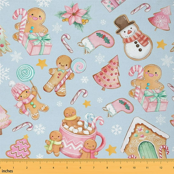 Homewish Kawaii Gingerbread Man Fabric by the Yard 1 Yard, Santa Claus Socks Room Decor Fabric by the Yard, Cartoon Christmas Theme Sewing Fabric, Luxury Bedroom Decor