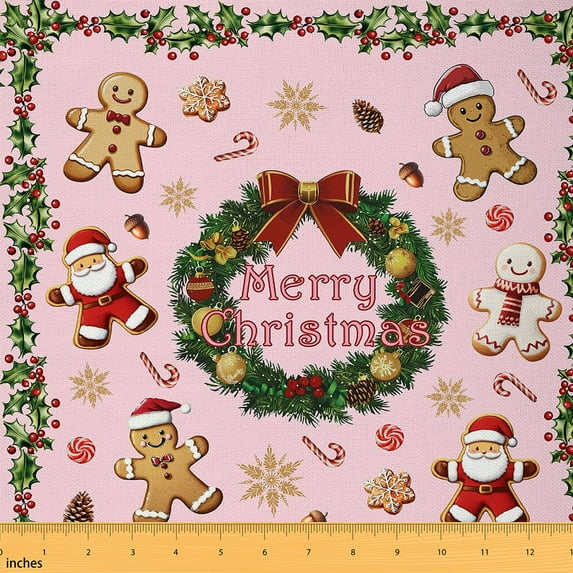 Homewish Kawaii Gingerbread Man Fabric by the Yard 1 Yard, Vintage Western Christmas Room Decor Fabric by the Yard, Cute Santa Claus Sewing Fabric, Lightweight Room Decor