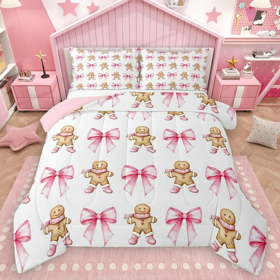 Homewish Kawaii Gingerbread Man Queen Comforter Set, Princess Watercolor Bow-tie Bedding Sets, Teens Kids Girls Reversible Bedding Comforter Set, Ultra Soft Bedroom Decor, 3pcs