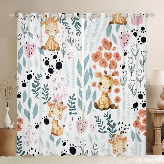 Homewish Kawaii Giraffe Curtains Pack of 2 (42x84 Each) for Teens Boys Girls,Flower Animal Curtains Blackout,Dreamy Princess Bedroom Curtains,Ultra Soft Home Decor