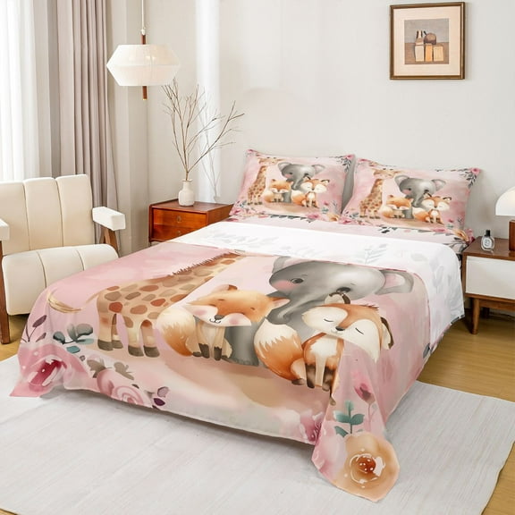Homewish Kawaii Giraffe Elephant Bed Sheets, Flower Leaf Plant King Sheets, Pink Art Watercolor Sheet Set, Microfiber Bedroom Decor, 4 Pieces