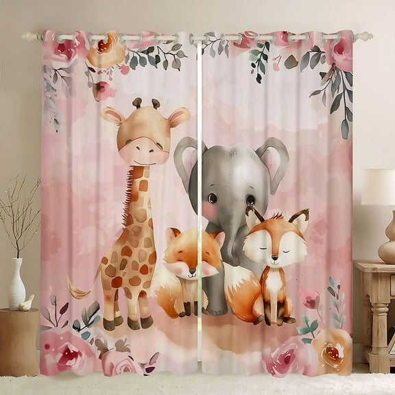 Homewish Kawaii Giraffe Elephant Black Out Curtains, Flower Leaf Plant Curtains Pack of 2 (42x63 Each), Pink Art Watercolor Bedroom Curtains, Living Room Curtains Decor