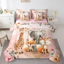 Homewish Kawaii Giraffe Elephant Twin Bedding Sets 7-Piece, Flower Leaf Plant Bedding Comforter Set, Pink Art Watercolor Reversible Sheet Sets, Microfiber Bedroom Decor