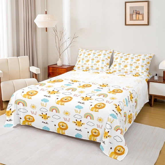 Homewish Kawaii Giraffe Lion Bed Sheets,Kawaii Cartoon Rainbow King Sheets,White Yellow Sheet Set For Boys Girl,Microfiber Bedroom Decor,4pcs