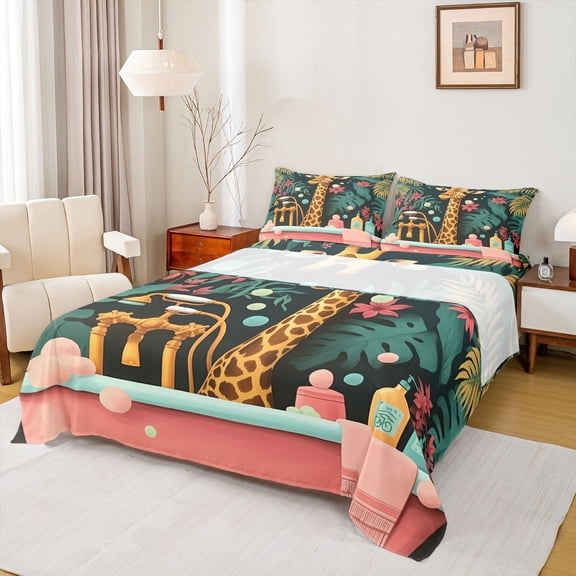 Homewish Kawaii Giraffe Lover Bed Sheets, Green Palm Leaf King Sheets, Vintage Cartoon Theme Sheet Set, Lightweight Room Decor, 4pcs