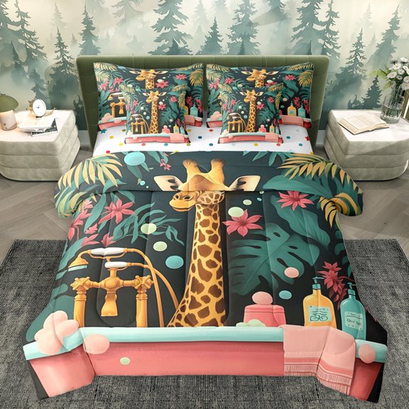 Homewish Kawaii Giraffe Lover Bedding Comforter Set, Green Palm Leaf King Bedding Sets, Vintage Cartoon Theme Reversible Bed Sheets, Lightweight Room Decor
