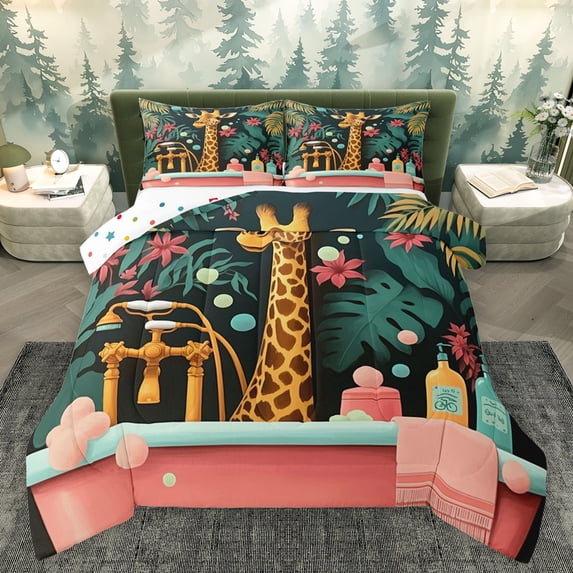 Homewish Kawaii Giraffe Lover Bedding Comforter Set, Green Palm Leaf Twin Comforter Sets, Vintage Cartoon Theme Reversible Bedding Set, Lightweight Room Decor, 2pcs