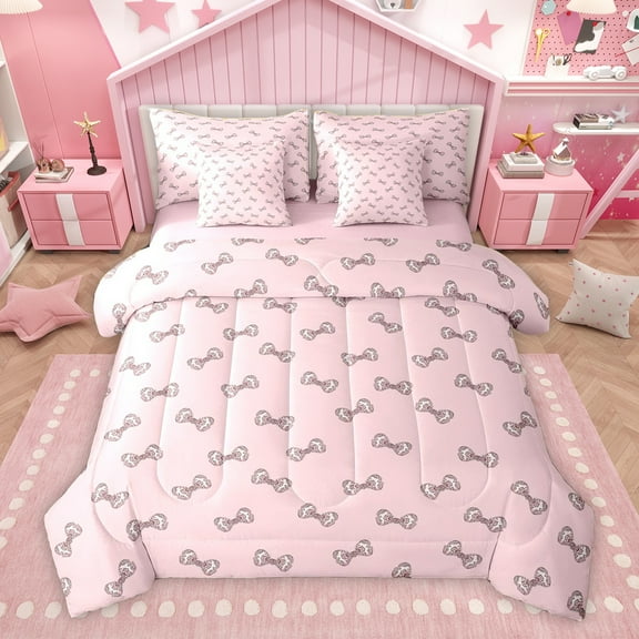 Homewish Kawaii Glitter Bow Twin Bedding Sets 7-Piece for Girls, Kawaii Cartoon Ribbon Bedding Comforter Set, Girly Pink Bowknot Reversible Sheet Sets, Luxury Bedroom Decor