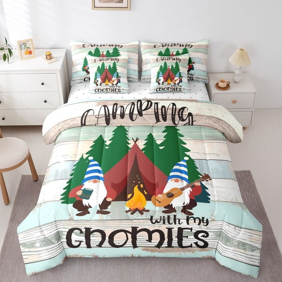 Homewish Kawaii Gnome 7-Piece Twin Bedding Sets for Kids Children Teens,Happy Camping Bedding Comforter Set,Music Guitar Theme Breathable Sheet Sets,Microfiber Bedroom Decor,Reversible