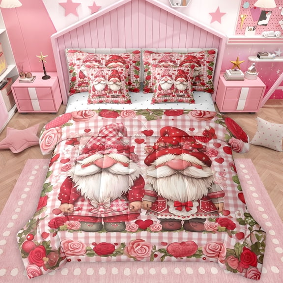 Homewish Kawaii Gnome 7-Piece Twin Bedding Sets,Valentine Rose Bedding Comforter Set,Classic Geometric Checkered Sheet Sets For Adults,Microfiber Bedroom Decor Reversible