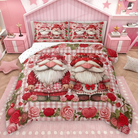 Homewish Kawaii Gnome Bedding Comforter Set,Valentine Rose Twin Comforter Sets,Classic Geometric Checkered Bedding Set For Adults,Microfiber Bedroom Decor Reversible,2pcs