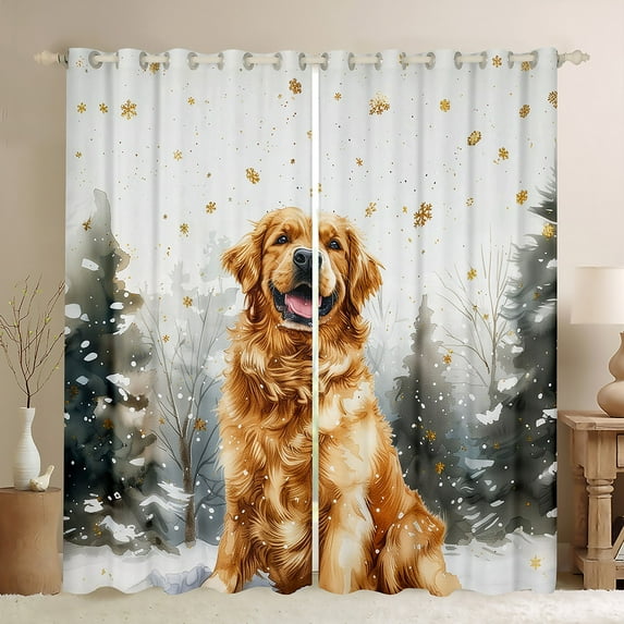 Homewish Kawaii Golden Retriever Black Out Curtains,Pet Lovers Curtains Pack of 2 (42x63 Each),Gold Christmas Snowflake Bedroom Curtains For Girls Boys,Luxury Bedroom Decor