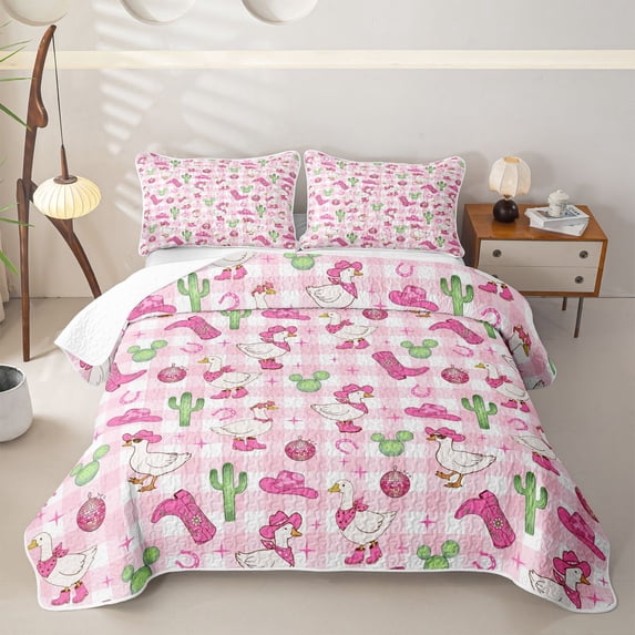 Homewish Kawaii Goose Animals Plaid Quilt Full,Cactus Cowgirl Boots Full Bedspread Sets,3pcs