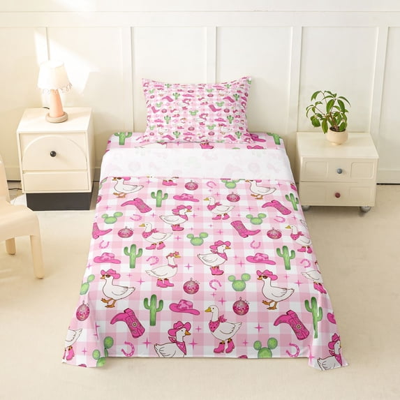 Homewish Kawaii Goose Animals Plaid Twin Sheets,Cactus Cowgirl Boots Bedding,3 Pieces,1 Fitted Sheet and 1 Pillowcase