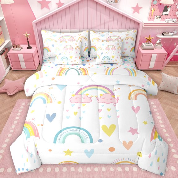 Homewish Kawaii Gradient Rainbow 7 Pieces Bedding Comforter Set For Preppy Children Kids,Colorful Love Heart Print Full Bedding Set Lightweight,Dreamy Princess Fitted Sheet Flat Sheet
