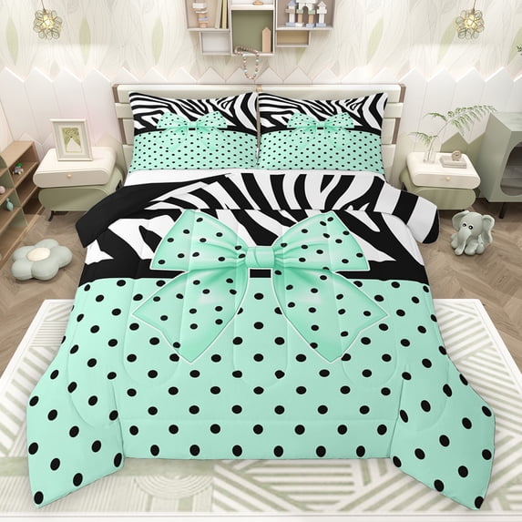 Homewish Kawaii Green Bow Knot Boy Girl 3 Pieces Queen Comforter Set,Polka Dots Ultra Soft Bedding Sets,Animal Zebra Print Bedding Comforter Set Breathable,Super Cozy Room Decor,Reversible