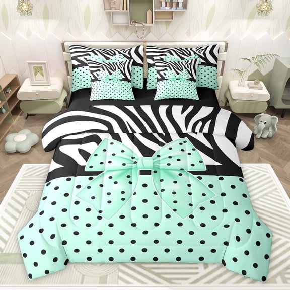 Homewish Kawaii Green Bow Knot Boy Girl Bedding Comforter Set 7-Piece,Polka Dots King Bedding Sets,Animal Zebra Print Ultra Soft Bed Sheets,Super Cozy Room Decor,Reversible