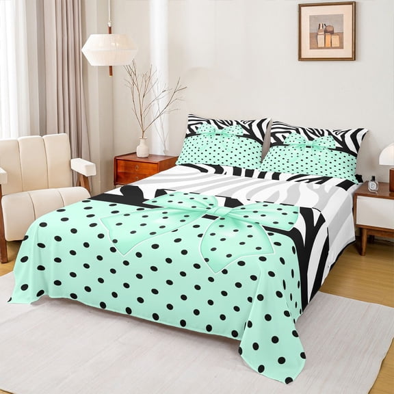 Homewish Kawaii Green Bow Knot Boy Girl Twin Sheet Sets 3pcs,Polka Dots Twin Fitted Sheet Microfiber,Animal Zebra Print Breathable Flat Sheet,Super Cozy Room Decor