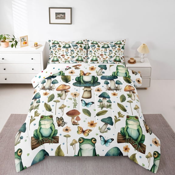 Homewish Kawaii Green Frog 3 Pieces Queen Comforter Set for Teens,Botanical Mushroom Ultra Soft Bedding Sets,Flowers Butterflies Bedding Comforter Set,Luxury Bedroom Decor,Reversible
