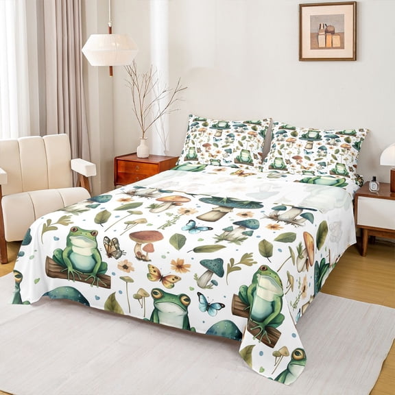 Homewish Kawaii Green Frog 4pcs Bed Sheets for Teens,Botanical Mushroom King Sheets,Flowers Butterflies Super Cozy Sheet Set,Luxury Bedroom Decor