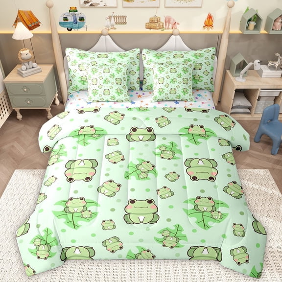 Homewish Kawaii Green Frog 7-Piece Bedding Comforter Set For Preppy Children,Cartoon Animal King Bedding Sets,Polka Dots Ultra Soft Bed Sheets,Microfiber Bedroom Decor,Reversible