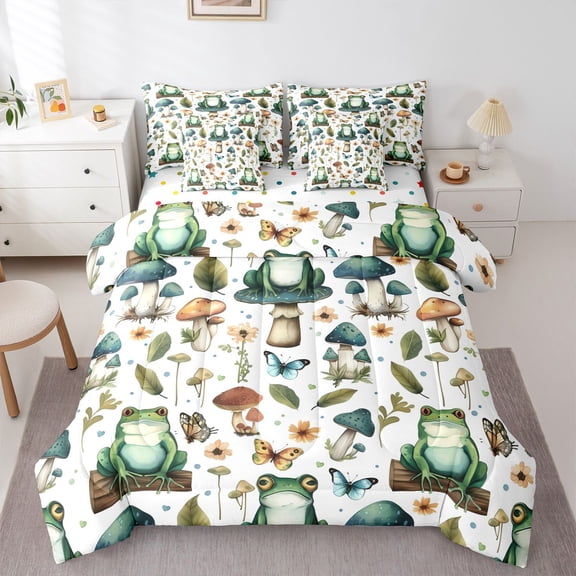 Homewish Kawaii Green Frog 7-Piece Bedding Comforter Set for Teens,Botanical Mushroom King Bedding Sets,Flowers Butterflies Ultra Soft Bed Sheets,Luxury Bedroom Decor,Reversible
