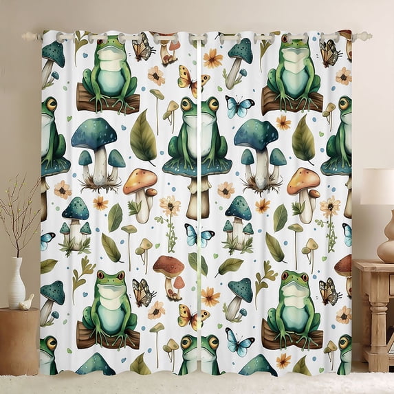 Homewish Kawaii Green Frog Blackout Curtains Set of 2 (52x84 Each) for Teens,Botanical Mushroom Window Curtains,Flowers Butterflies Curtains and Drapes,Luxury Bedroom Decor